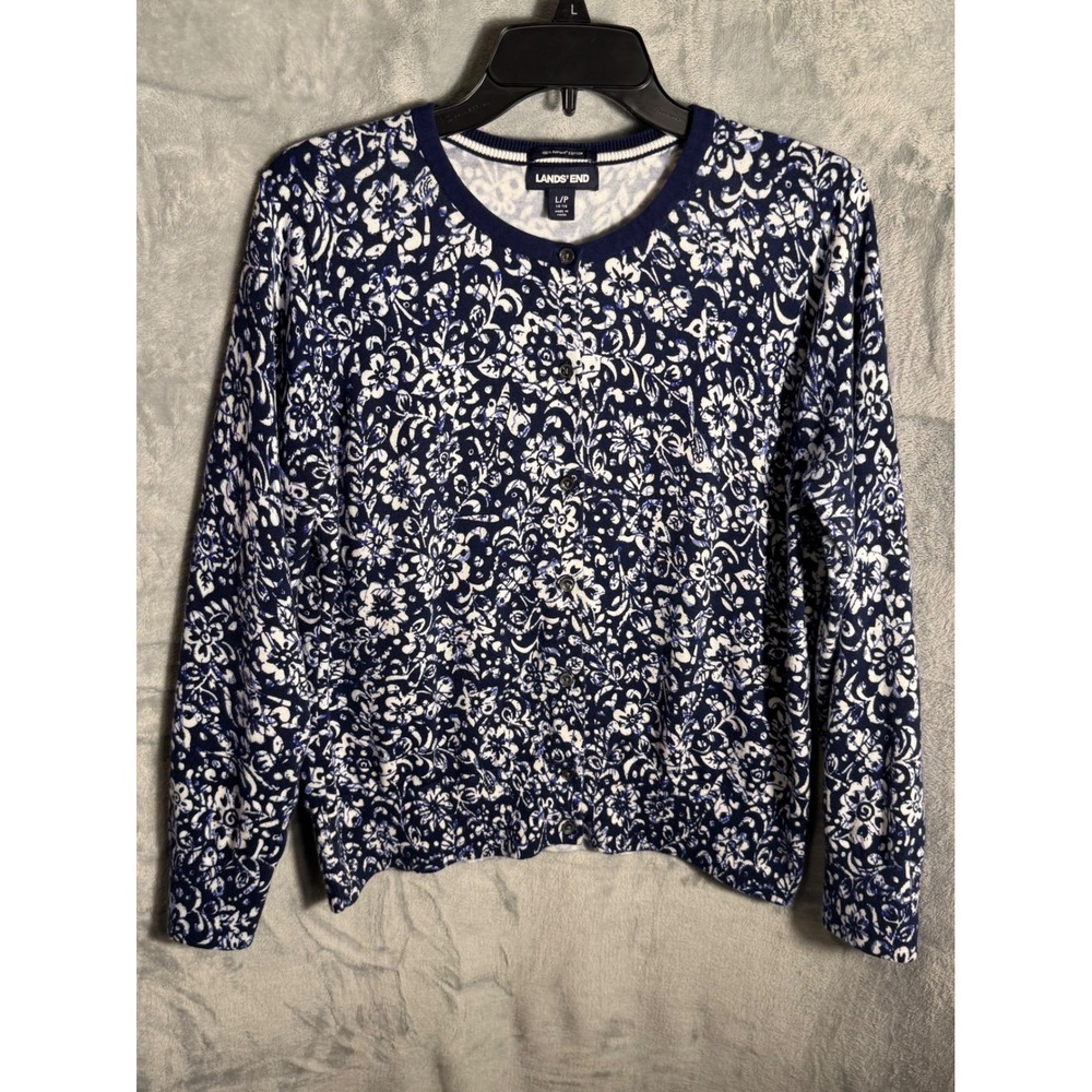 Lands End Womens L P 14 16 Blue Supima cotton Floral Button Up‎ Cardigan Sweater